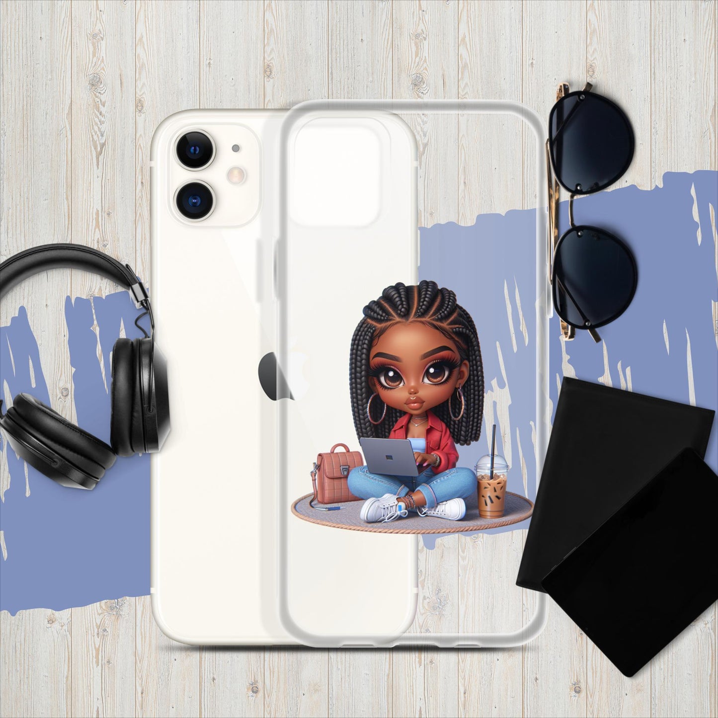 African American Women's Work From Home Chibi IPhone Clear Case (Short Box Braids)