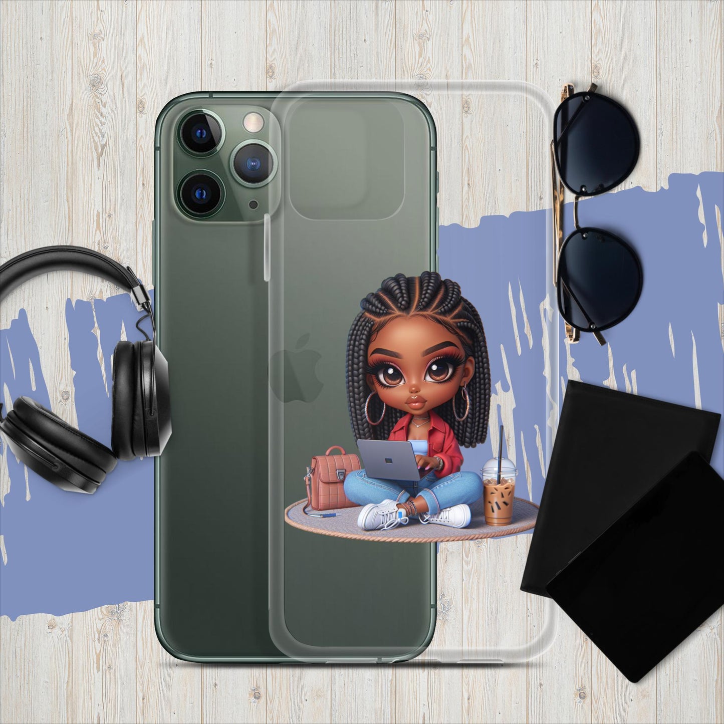 African American Women's Work From Home Chibi IPhone Clear Case (Short Box Braids)