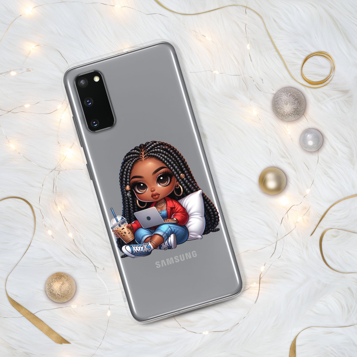African American Women's Work From Home Chibi Samsung Phone Case (Long Braids)