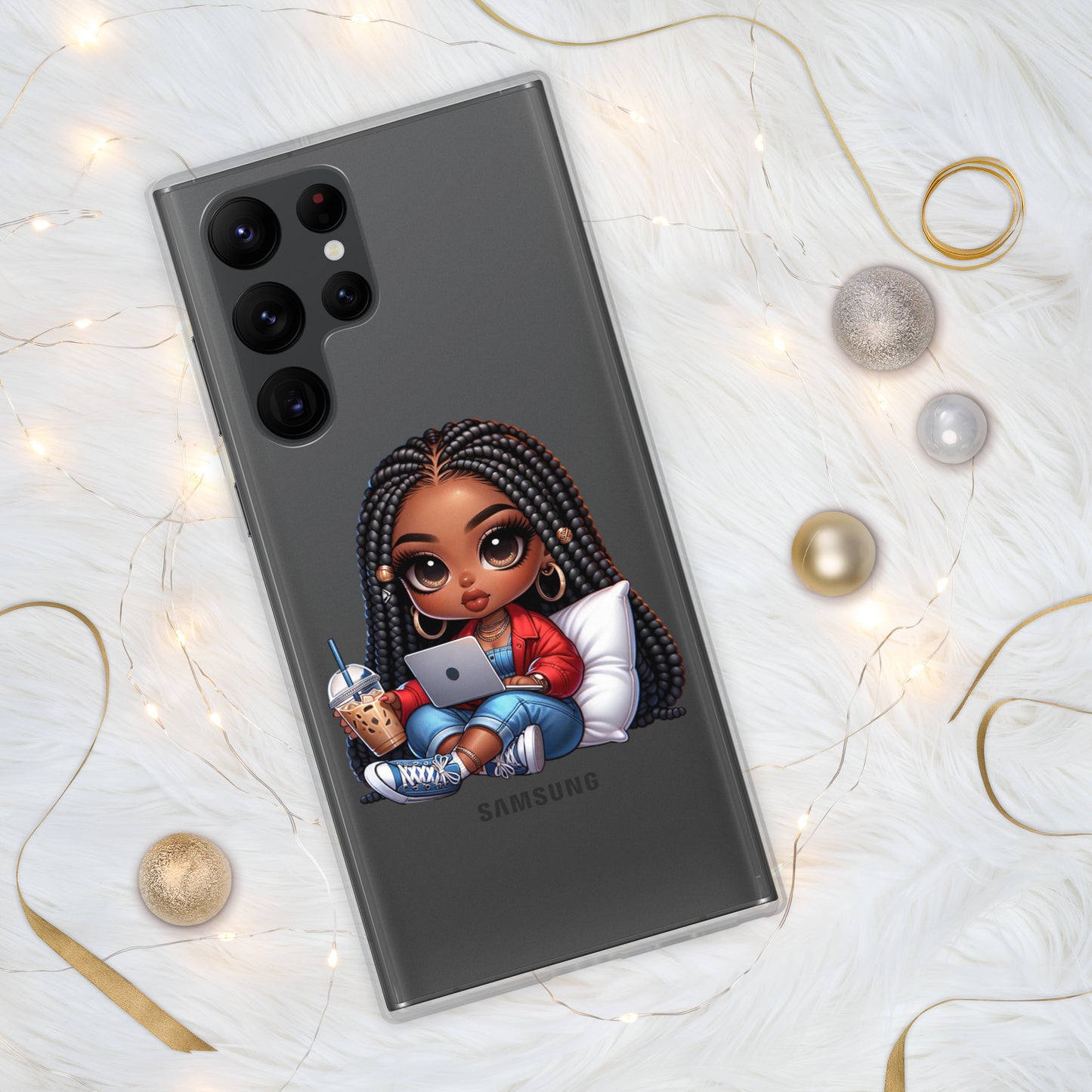 African American Women's Work From Home Chibi Samsung Phone Case (Long Braids)